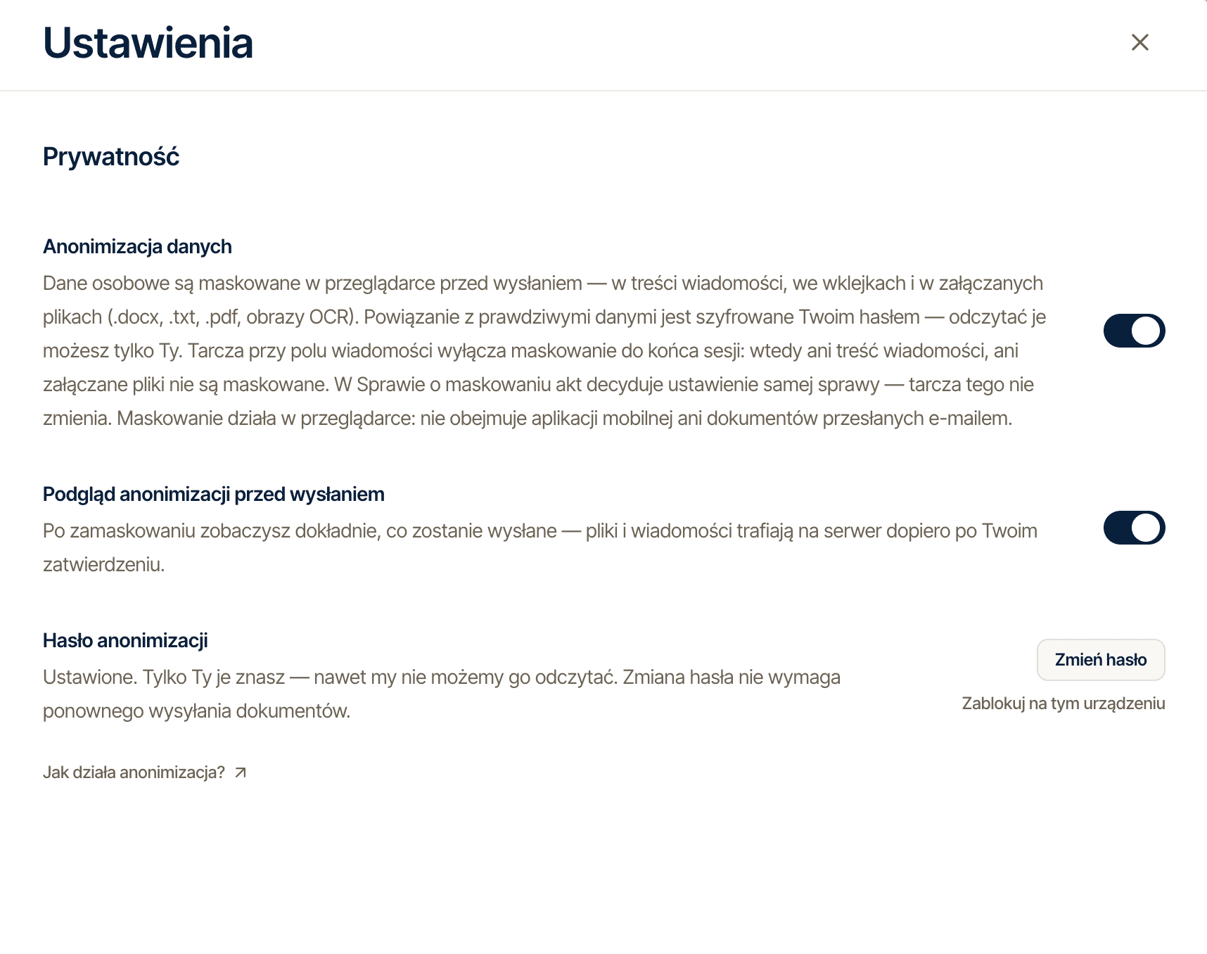 Sekcja Prywatność w ustawieniach Lexedit z przełącznikami pseudonimizacji, ustawieniami hasła i odnośnikiem do poradnika