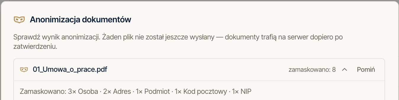 Okno Pseudonimizacja dokumentów w Lexedit z podsumowaniem zamaskowanych danych przed wysłaniem pliku