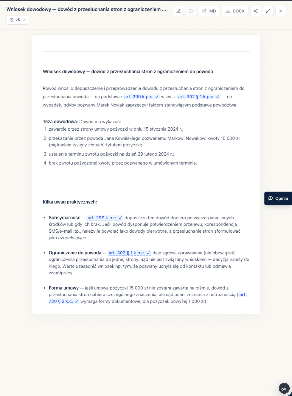 Panel dokumentu Lexedit z projektem wniosku i zweryfikowanymi cytowaniami