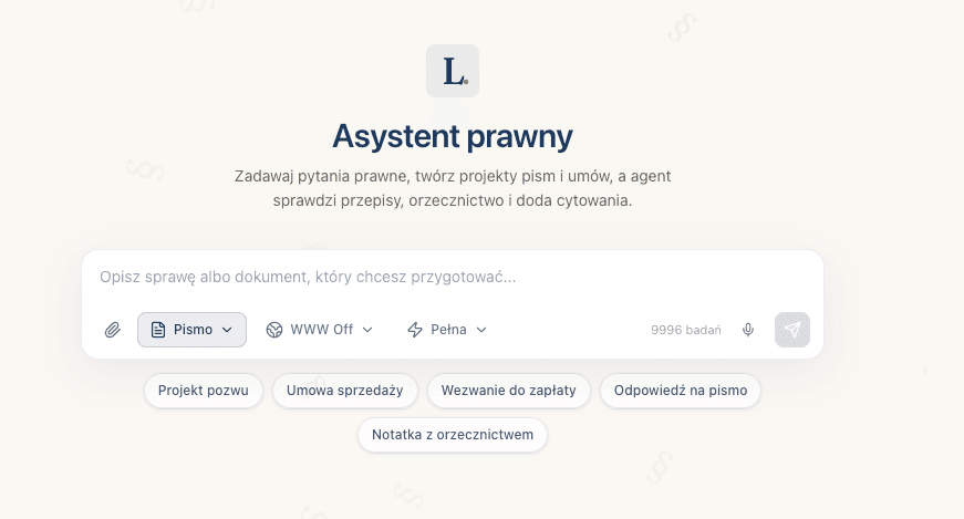 Pasek zapytania Lexedit Research z kontrolami trybu dokumentu, internetu i głębokości badania
