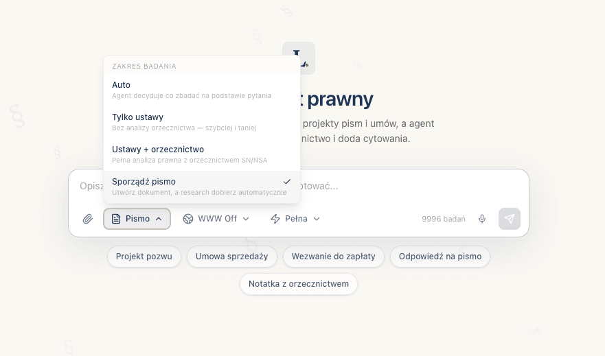 Menu zakresu badania w pasku zapytania Lexedit Research