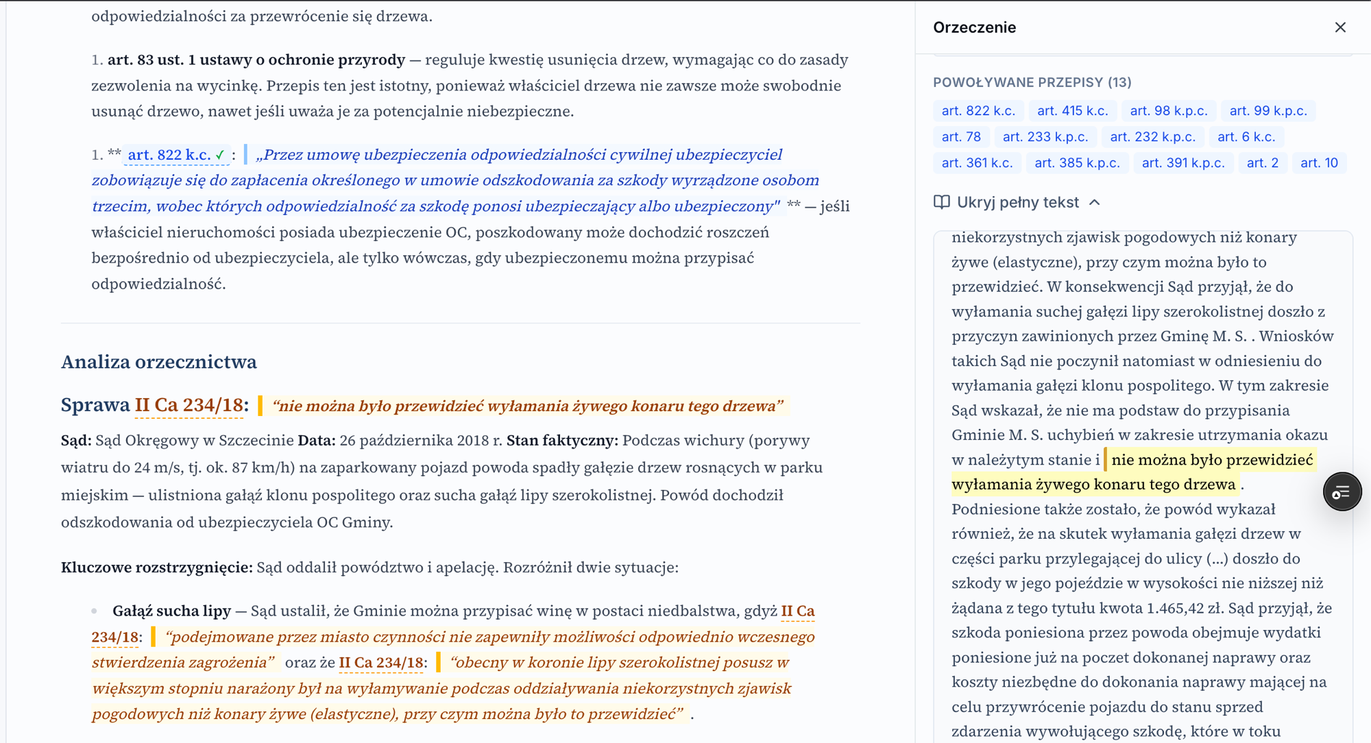 Lexedit pokazuje wynik researchu z cytowaniami i źródłami