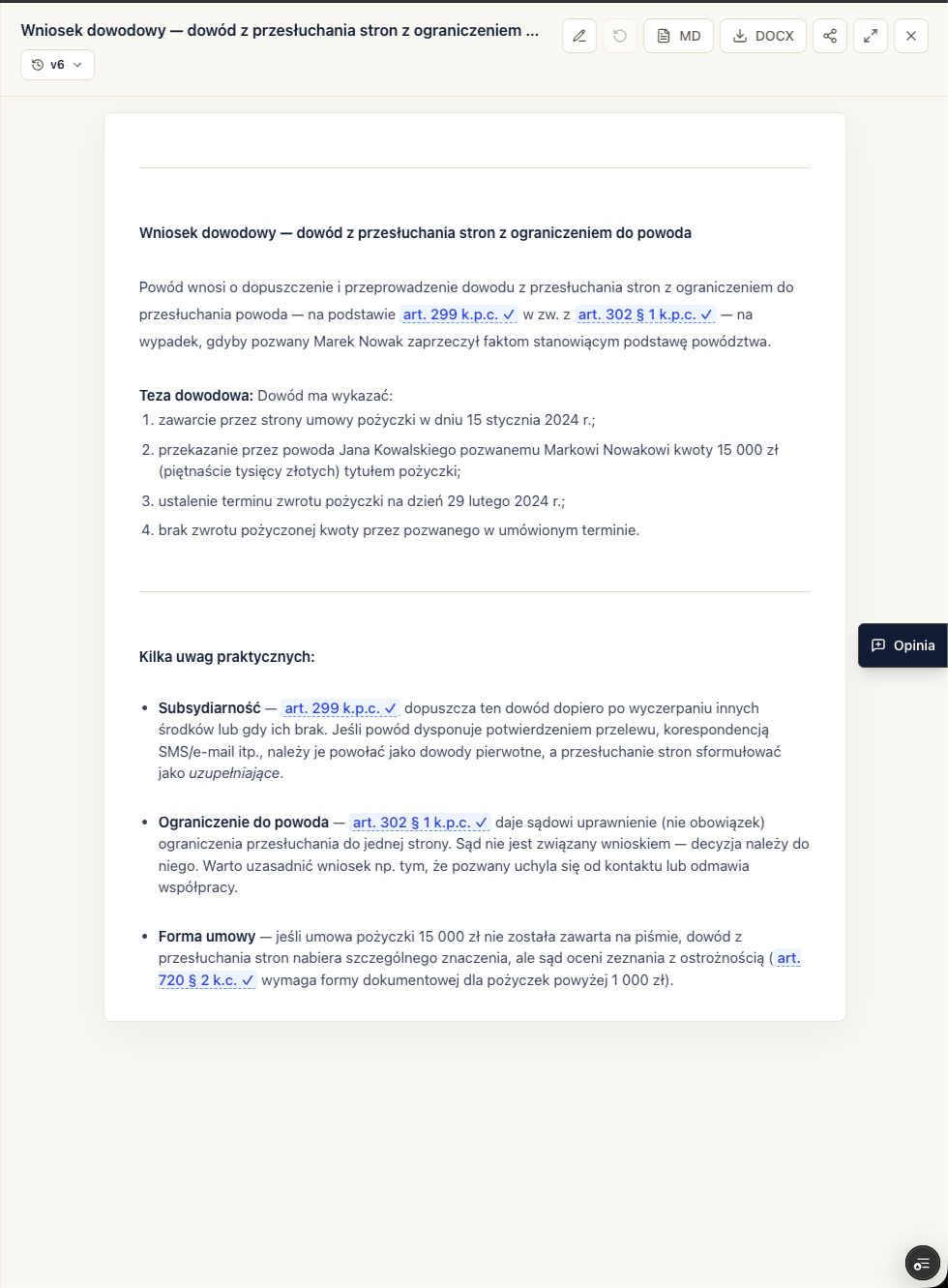Panel dokumentu Lexedit z projektem wniosku i zweryfikowanymi cytowaniami