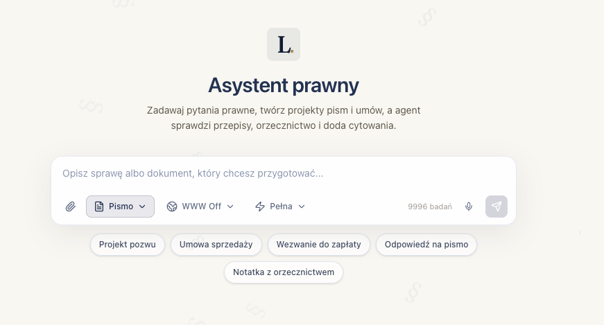 Pasek zapytania Lexedit Research z kontrolami trybu dokumentu, internetu i głębokości badania